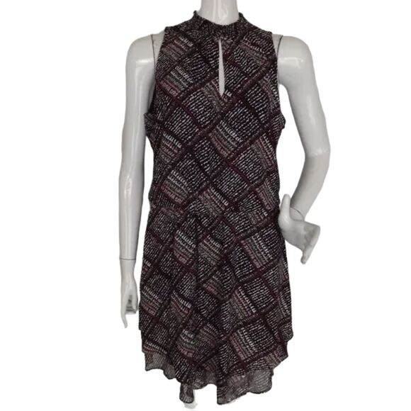 WHBM Dress, M, Smocked Neck/Keyhole, Sleeveless, Black/Purple-White Geometric - Picture 1 of 14